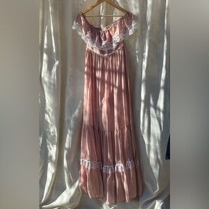 Vintage Gunne Sax Pink Off-Shoulder Lace Gown | Romantic Prairie Dress